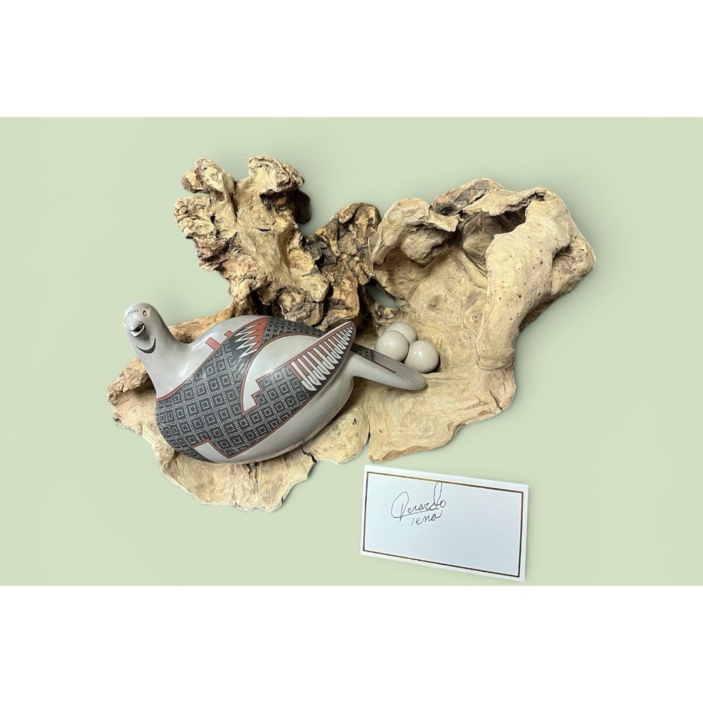 Mata Ortiz Pottery Jerardo Tena Quail W Eggs On Driftwood Fine Art Clay Mexico